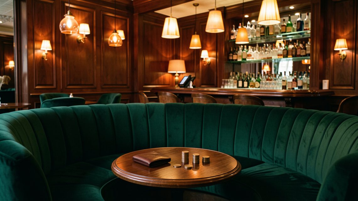 Intérieur élégant d’un club parisien en soirée, avec fauteuils en velours vert, lumière ambrée, boiseries sombres et portefeuille posé près de quelques pièces.