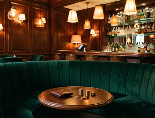 Intérieur élégant d’un club parisien en soirée, avec fauteuils en velours vert, lumière ambrée, boiseries sombres et portefeuille posé près de quelques pièces.