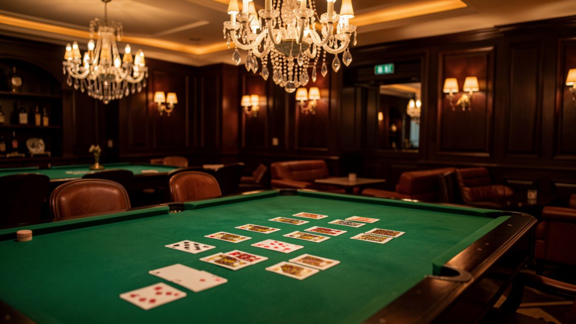 Salon élégant inspiré d’un casino, avec une table recouverte de feutre vert, des cartes retournées, des boiseries sombres et des lustres éclairés par une lumière ambrée.