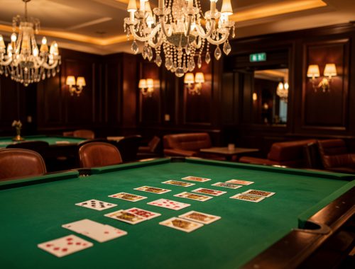 Salon élégant inspiré d’un casino, avec une table recouverte de feutre vert, des cartes retournées, des boiseries sombres et des lustres éclairés par une lumière ambrée.