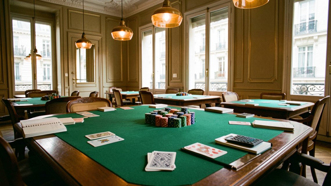 Salle parisienne accueillante préparée pour un atelier de stratégie destiné aux débutants, avec tables en feutre vert, jetons colorés, cartes retournées et accessoires évoquant une gestion prudente du budget.