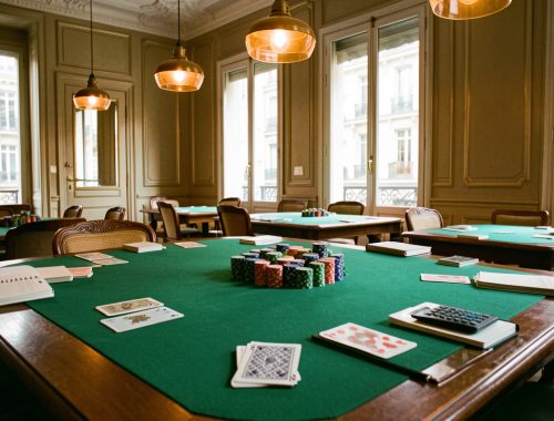 Salle parisienne accueillante préparée pour un atelier de stratégie destiné aux débutants, avec tables en feutre vert, jetons colorés, cartes retournées et accessoires évoquant une gestion prudente du budget.