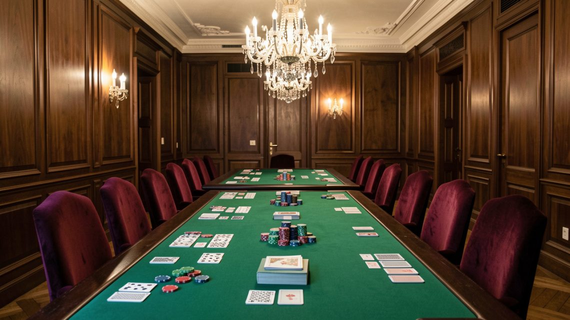 Salle parisienne élégante avec tables en feutre vert, fauteuils en velours bordeaux, boiseries sombres et lustres, dans une ambiance sobre et raffinée.