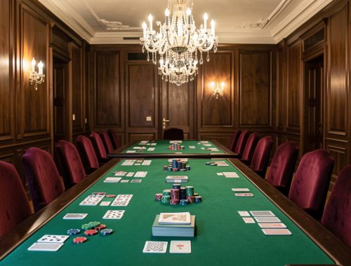Salle parisienne élégante avec tables en feutre vert, fauteuils en velours bordeaux, boiseries sombres et lustres, dans une ambiance sobre et raffinée.